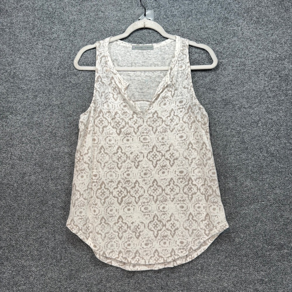 Athleta Tank Top Women Small Tan Boho Print 100% Linen Split Neck Sleeveless